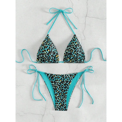 Sexy Leopard Print Two Piece Swimsuit Set Triangle Bra Suspender Halter Backless Bikini Set Beach Vacation Lace-up Swimwear 2025