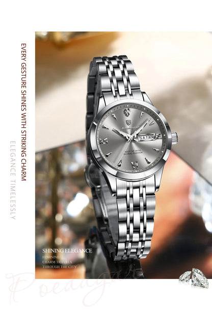 POEDAGAR Elegant Woman Watch Waterproof Luminous Date Week Ladies Wristwatch Stainless Steel Quartz Fashion Women's Watches Gift