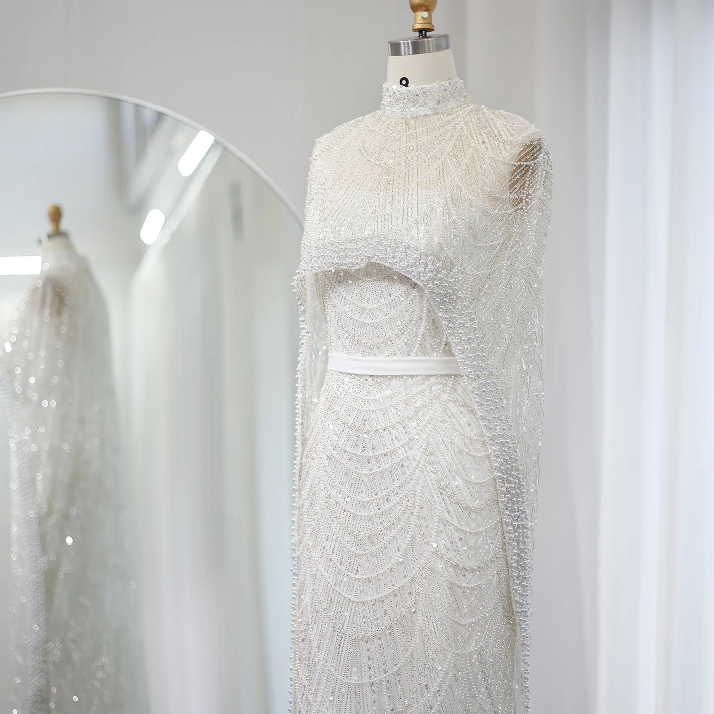 Sharon Said Luxury Pearls Dubai Champagne Evening Dresses with Cape New Arabic Women Mermaid Wedding Party Prom Dress SS369