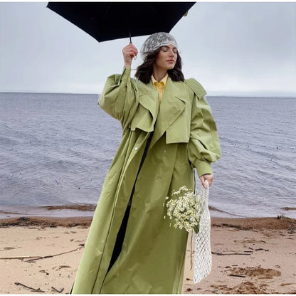 Women Green Lapel Trench Coat Fashion Belted Long Sleeve Loose Outerwear Chic 2025 New Autumn Street Travel Leisure Lady Outwear