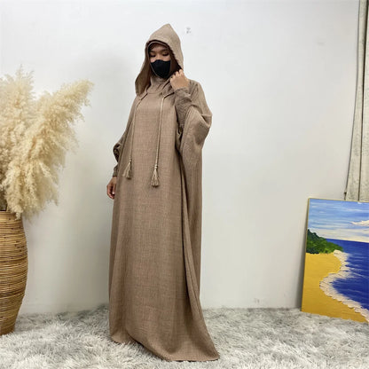 Hot Seller Ramadan Islamic Clothing Wrinkle Polyester Hoodie Abaya Dress With Undercap Muslim Women Abaya Hoodie Causal Dresses