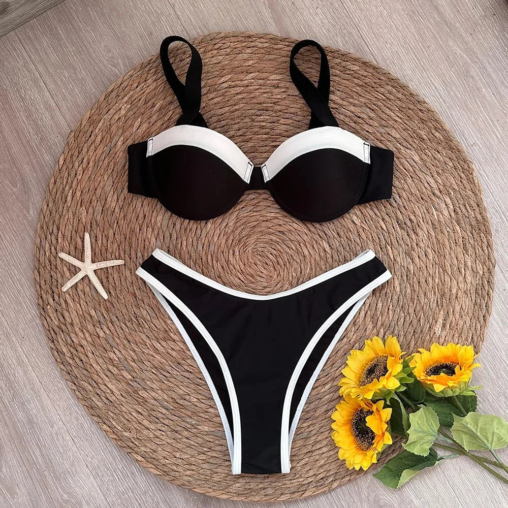 2025 Solid Thong Brazilian Bikinis Swimwear Women Swimsuit  Black White Bikini Set Bathing Suit Female Summer Beach Wear Biquini