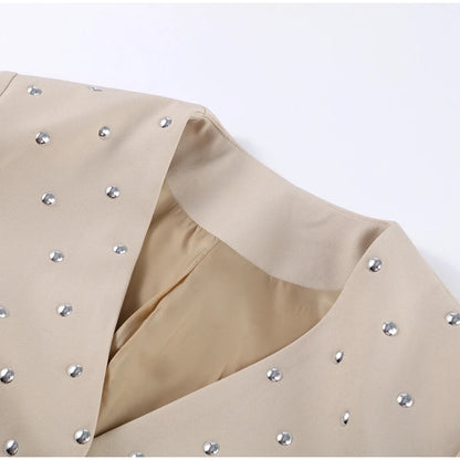 Rivet Fashion V-neck Balzer Coat Women Shoulder Pads Loose Fake Pocket Long Sleeve Jacket 2025 Spring Street Party Commute Tops