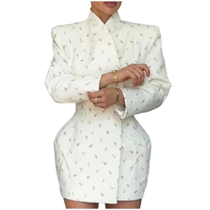 White Waist Cinching Floral Shoulder Pad Blazer Long Sleeve Single Breasted Jacket for Summer 2025 Elagant Female Outwear