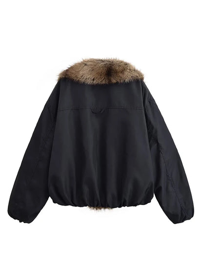 Brown Faux Fur Collar Leather Jacket Women Oversize Design Long Sleeve Coat 2025 Fashion Luxurious Versatile Bomber Outerwear