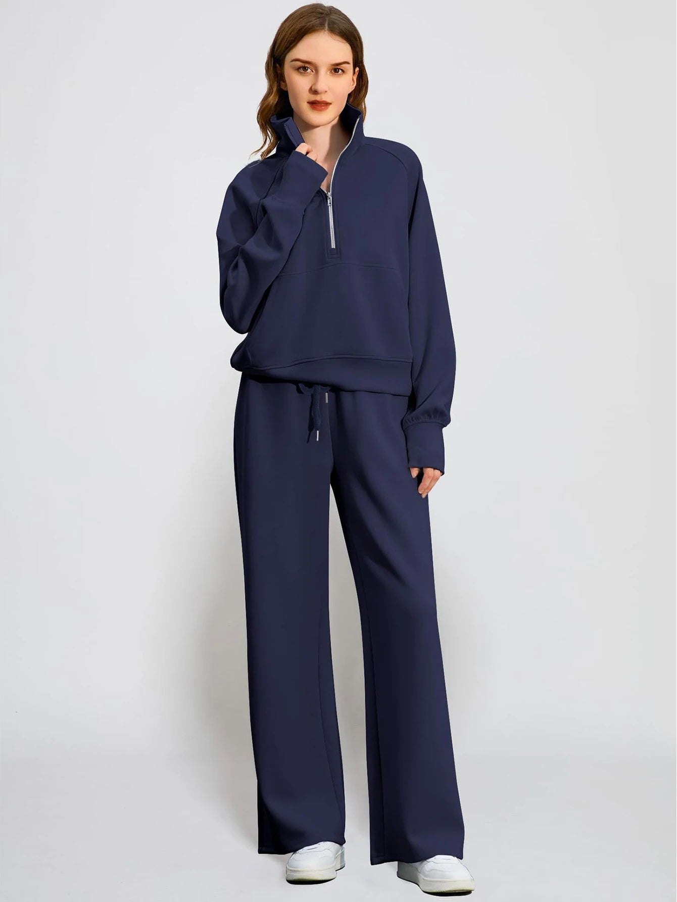Woman Solid Color Half Zip Long Sleeve Sweatshirt and Wide Leg Pants Set Casual Sporty Two Piece Outfit