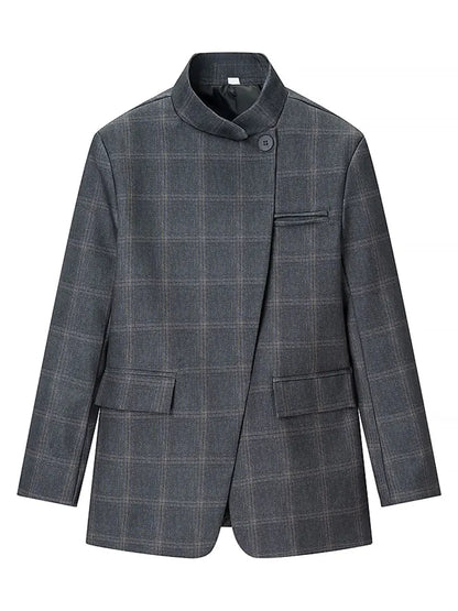 HH Women Fashion Plaid Blazer Coat Stand Collar Long Sleeve Jacket 2026 Spring Trend Casual Office Lady Chic Outerwear