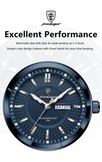 POEDAGAR Top Business Men's Watches Stainless Steel Waterproof Luminous Man Watch Date Week Quartz Casual Fashion Men Wristwatch