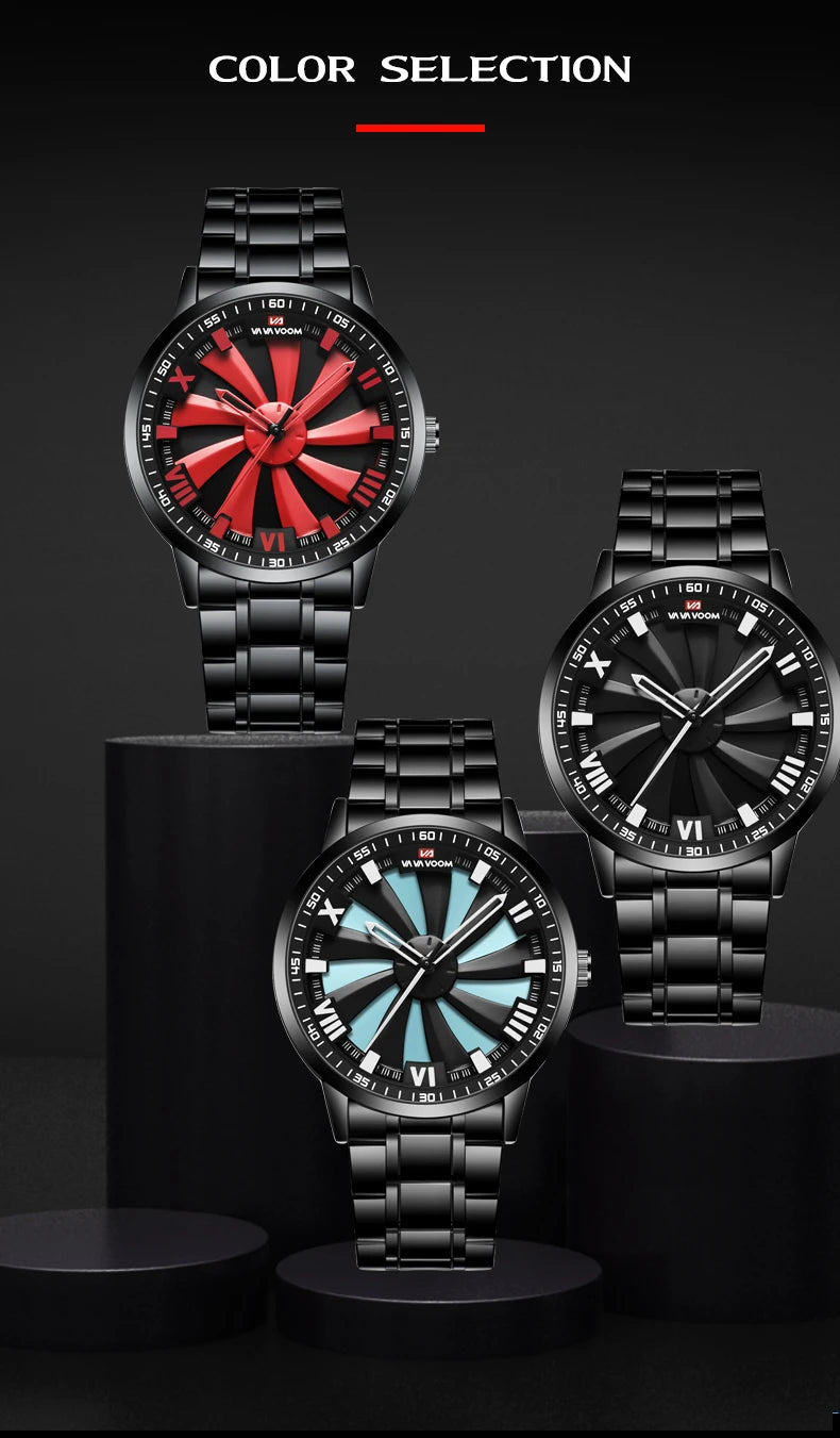 Sports Men Watch 43mm Red Rotating Dial Black Stainless Steel With Quartz Clock Simulation Car Hub 3Bar Daily Waterproof Watches