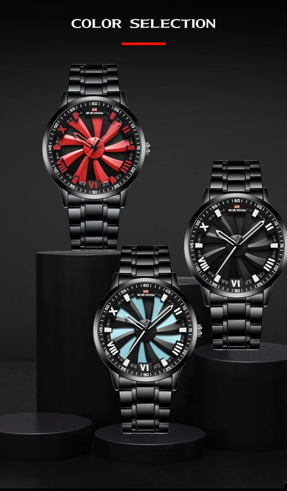 Sports Men Watch 43mm Red Rotating Dial Black Stainless Steel With Quartz Clock Simulation Car Hub 3Bar Daily Waterproof Watches