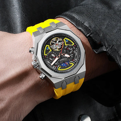 Luxury Tourbillon Watches Men Fashion Sport Rubber Strap Moon Phase Date Waterproof Automatic Mechanical Wrist Watch Man Reloj