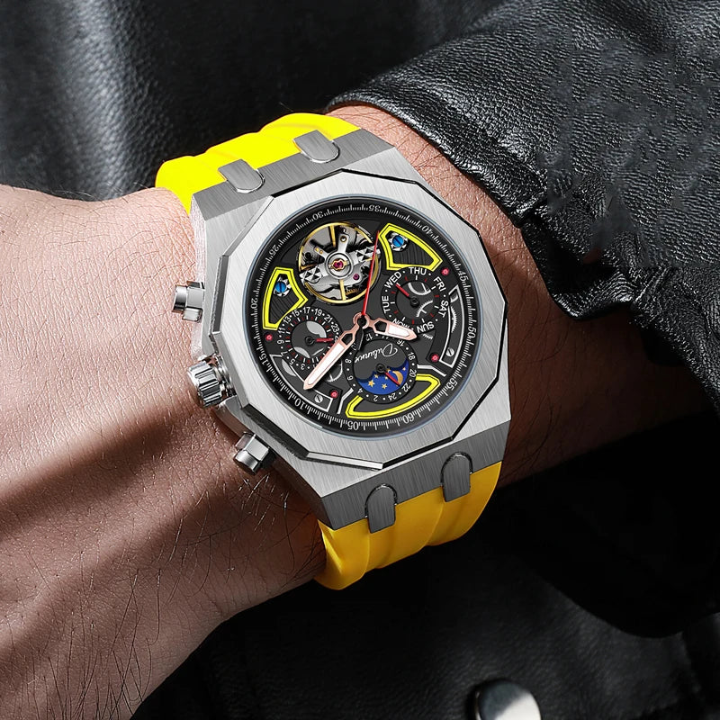 Luxury Tourbillon Watches Men Fashion Sport Rubber Strap Moon Phase Date Waterproof Automatic Mechanical Wrist Watch Man Reloj