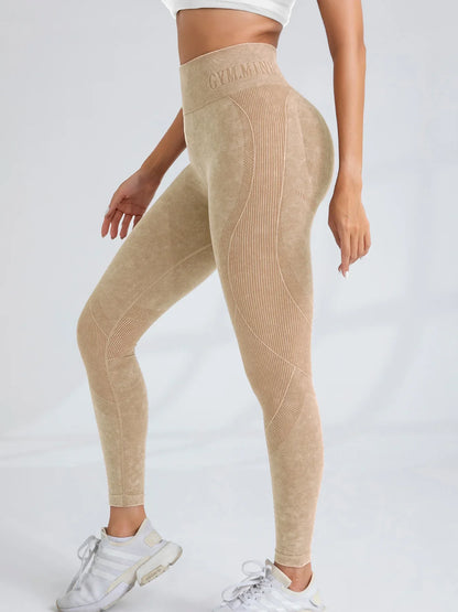 Women Seamless Gym High Waist Yoga Pants Hip Lifting Outdoor Sports Tight Waist Letter Sand Washed Pants Exercise Yoga Leggings