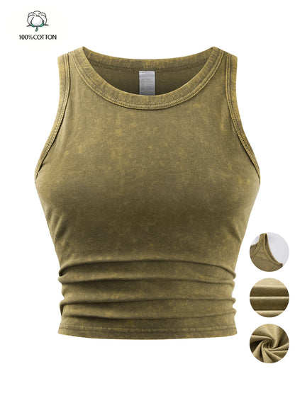 Y2k Cotton Solid Tank Tops For Womens Summer Sexy Sleeveless O-Neck Tight Washed Crop Tees Casual All-math Basic Streetwear