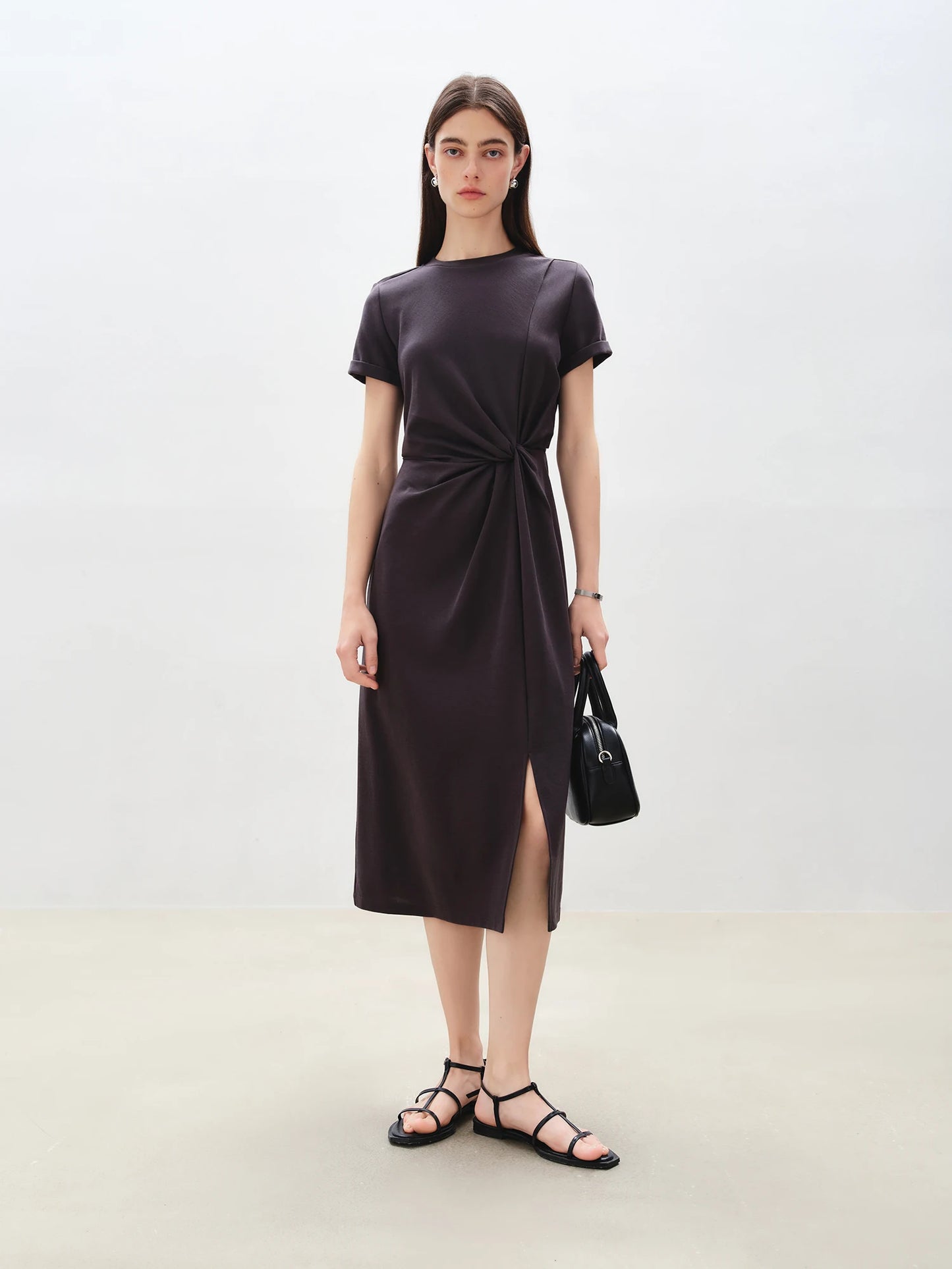 ZIQIAO Women Solid Long Dress 2025 Summer New Casual Round Neck T-Shirt Dresses Grey Short Sleeve X-LINE Dress 25ZQ92026