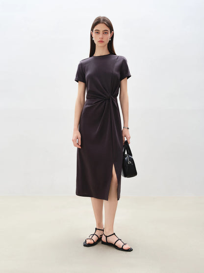 ZIQIAO Women Solid Long Dress 2025 Summer New Casual Round Neck T-Shirt Dresses Grey Short Sleeve X-LINE Dress 25ZQ92026