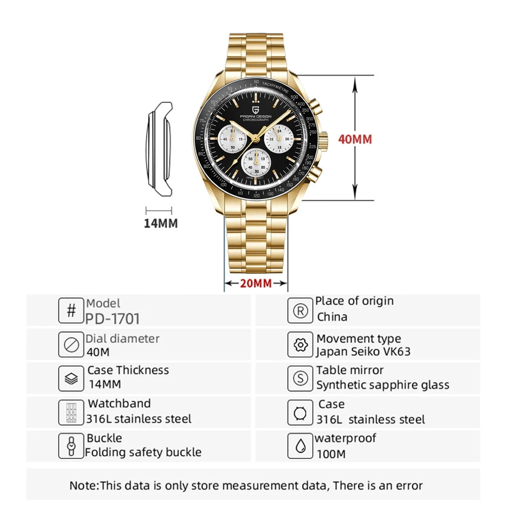 2026 New PAGANI DESIGN Gold Men's Quartz Watches Luxury VK63 Speed Sports Chronograph Watch Men AR Sapphire Ceramic Bezel Clock