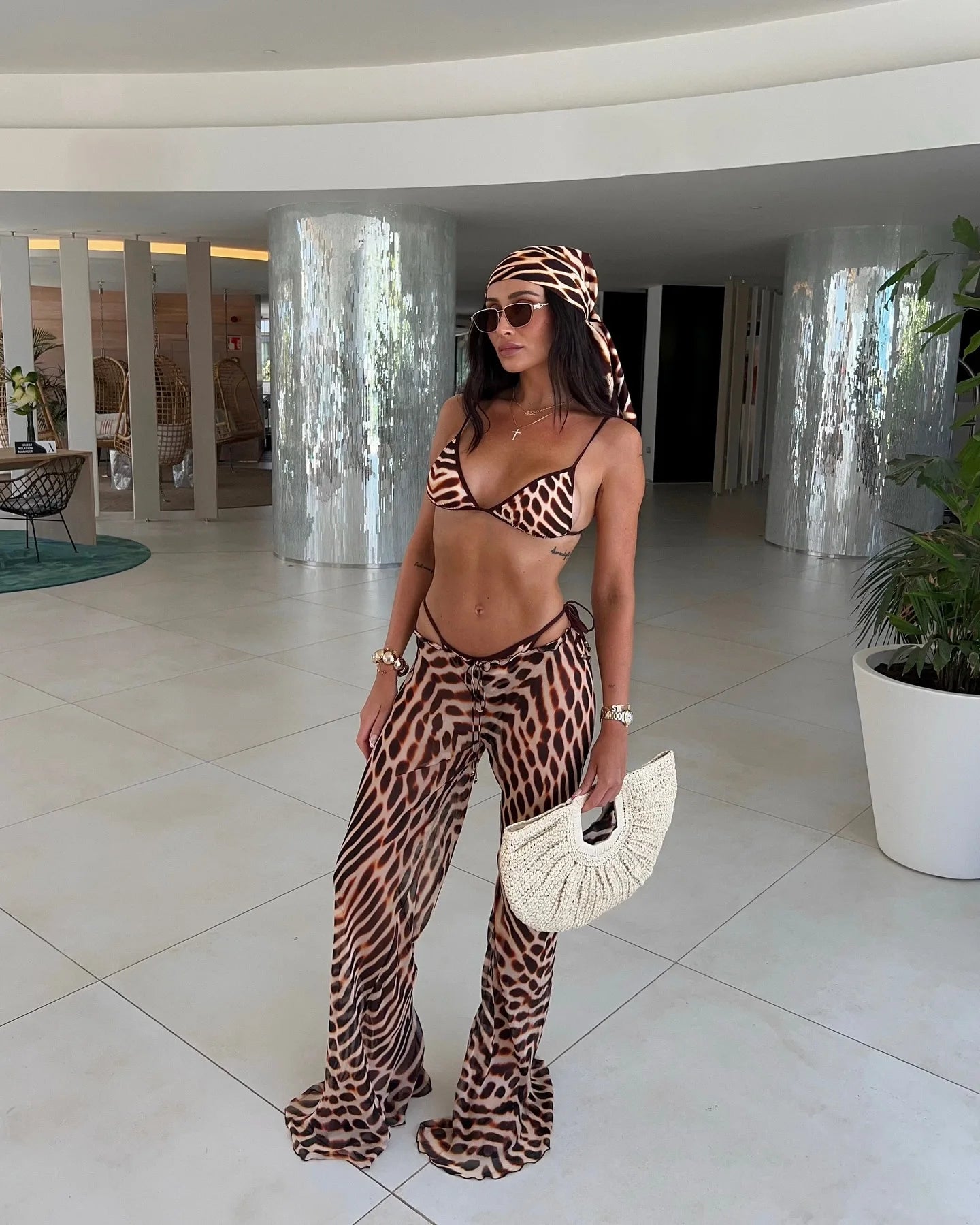 2026 New Stripe Print 3 Pieces Bikinis Sets Mesh Pants Knitted Hollow Out Beachwear Sexy Women's Swimsuit Cover-ups Beach Wear