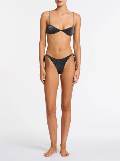 String Black Shiny Swimsuit With Ties 2025 Bikini Sexy Swimwear Women Bathing Suit Brazilian Bikini Solid Color Beachwear