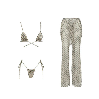 3Pcs Bikini Set Sexy Bikini Push UP Women Swimsuit Female Swimwear with Cover-Ups Bathing Suit Beachwear Print Pants 2024 New