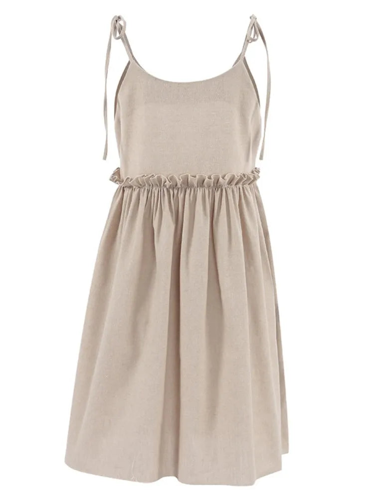 Solid Color Leace-up Spaghetti Strap Dresses Women Fashion Folds A-line Mini Dress Temperament Lady Commuting Short Vestidos New