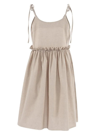 Solid Color Leace-up Spaghetti Strap Dresses Women Fashion Folds A-line Mini Dress Temperament Lady Commuting Short Vestidos New
