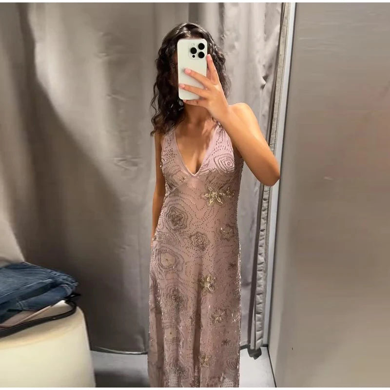 Sexy Sequin Women's Beads Sling Dress Fashion V-Neck High Waist Slim Fit Lady's Dresses Summer Beach Holiday Party Robes