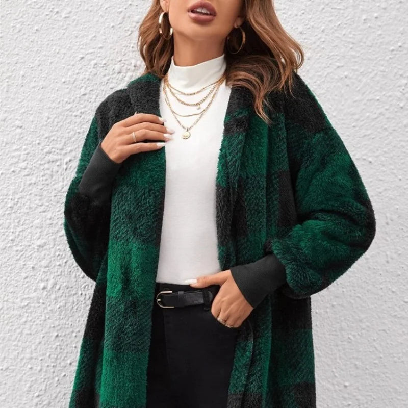 Women Autumn Winter Double Fleece Plaid Cardigan Soft Loose Long Sleeve Plush Warm Hooded Jacket Female Patchwork Outerwear Coat