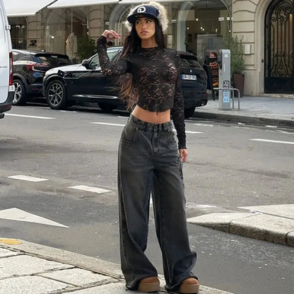 Sexy V-Neck Sheer T-Shirts Fashion Women Flare Long Sleeve Spring Lace Slim Pullovers Tops Casual Evening Party Club Chic Tees