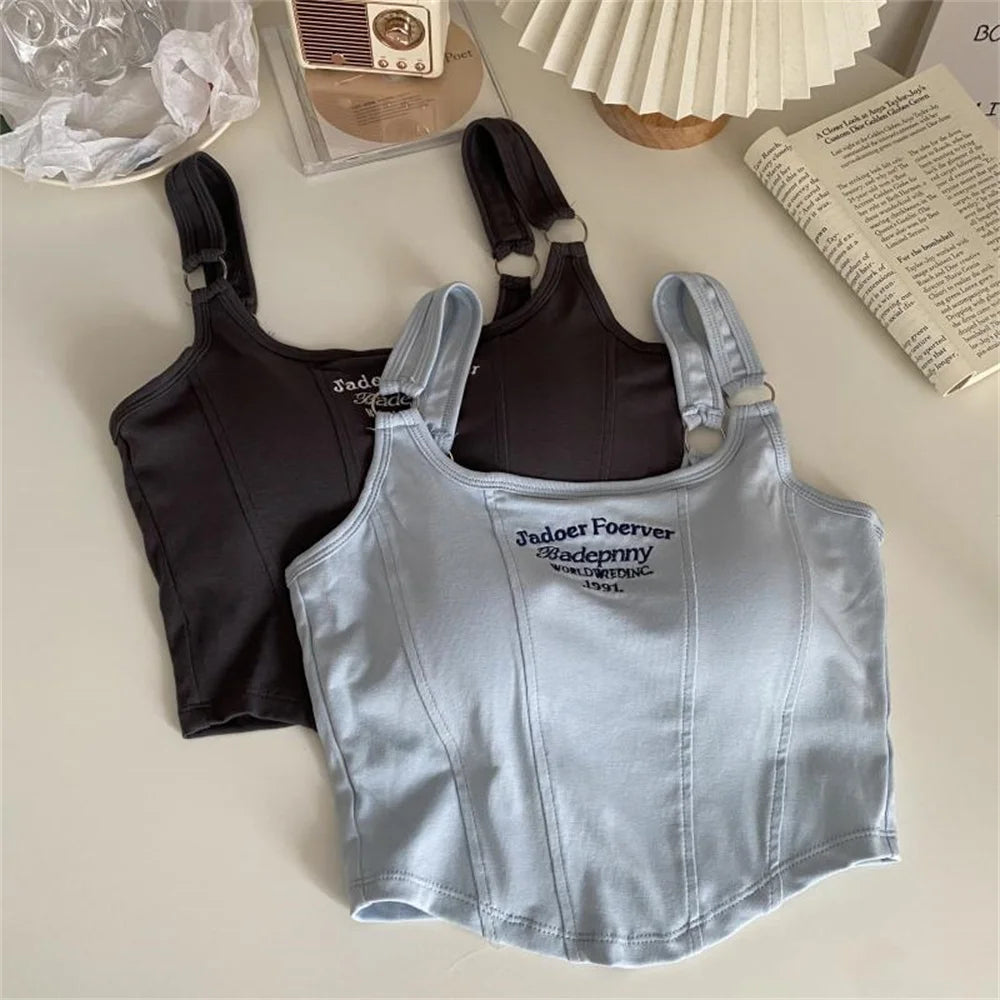 Fashion Embroid Letter Print Crop Tops Women Summer Sexy Streetwear Short Tops Suspenders Sports Tank Top Gym Solid Slim Vest