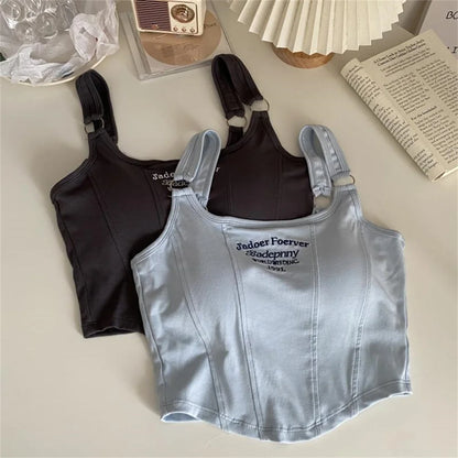 Fashion Embroid Letter Print Crop Tops Women Summer Sexy Streetwear Short Tops Suspenders Sports Tank Top Gym Solid Slim Vest