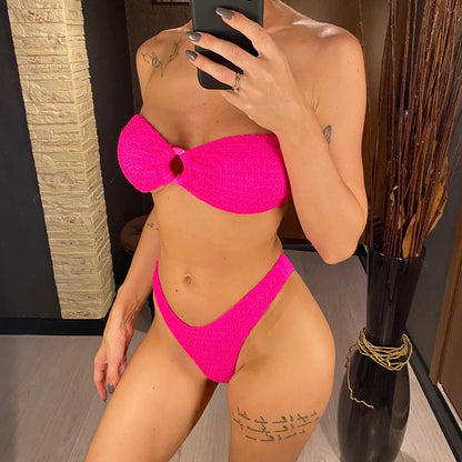 Wrinkled Bandeau High Cut Bikini Women Swimwear Female Swimsuit Two-pieces Bikini set Strapless Bather Bathing Suit Swim V3367