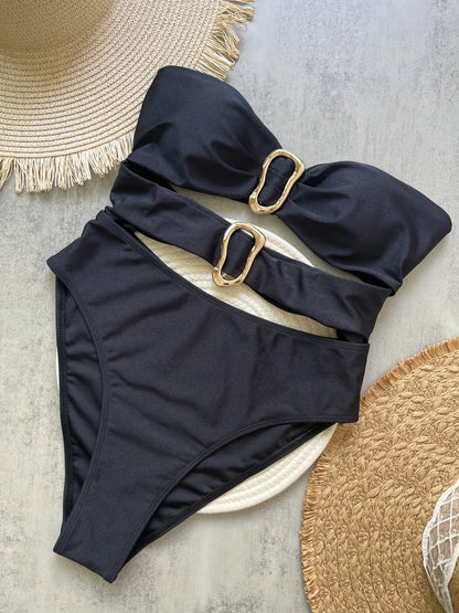 3 Colors Sexy Metal Rings Cut Out Women Swimwear One Piece Swimsuit Female Bandeau High Leg Cut Bather Bathing Suit Swim B022D
