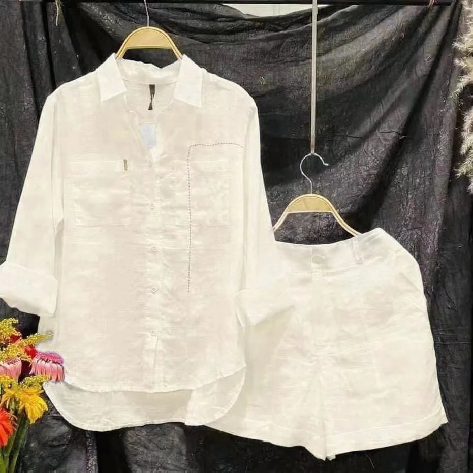 Summer Casual Home 2 Piece Set For Women 2025 Basics Cotton White Long Sleeve Shirt and Shorts Pants Set New Fashion Tracksuit