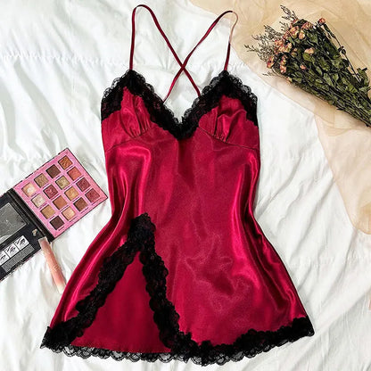 Ice Silk Thin Style Halter Nightdress Women's Lace  Homewear Sexy Pajamas Solid Lenceria Mujer Silk Satin Suspender Dresses