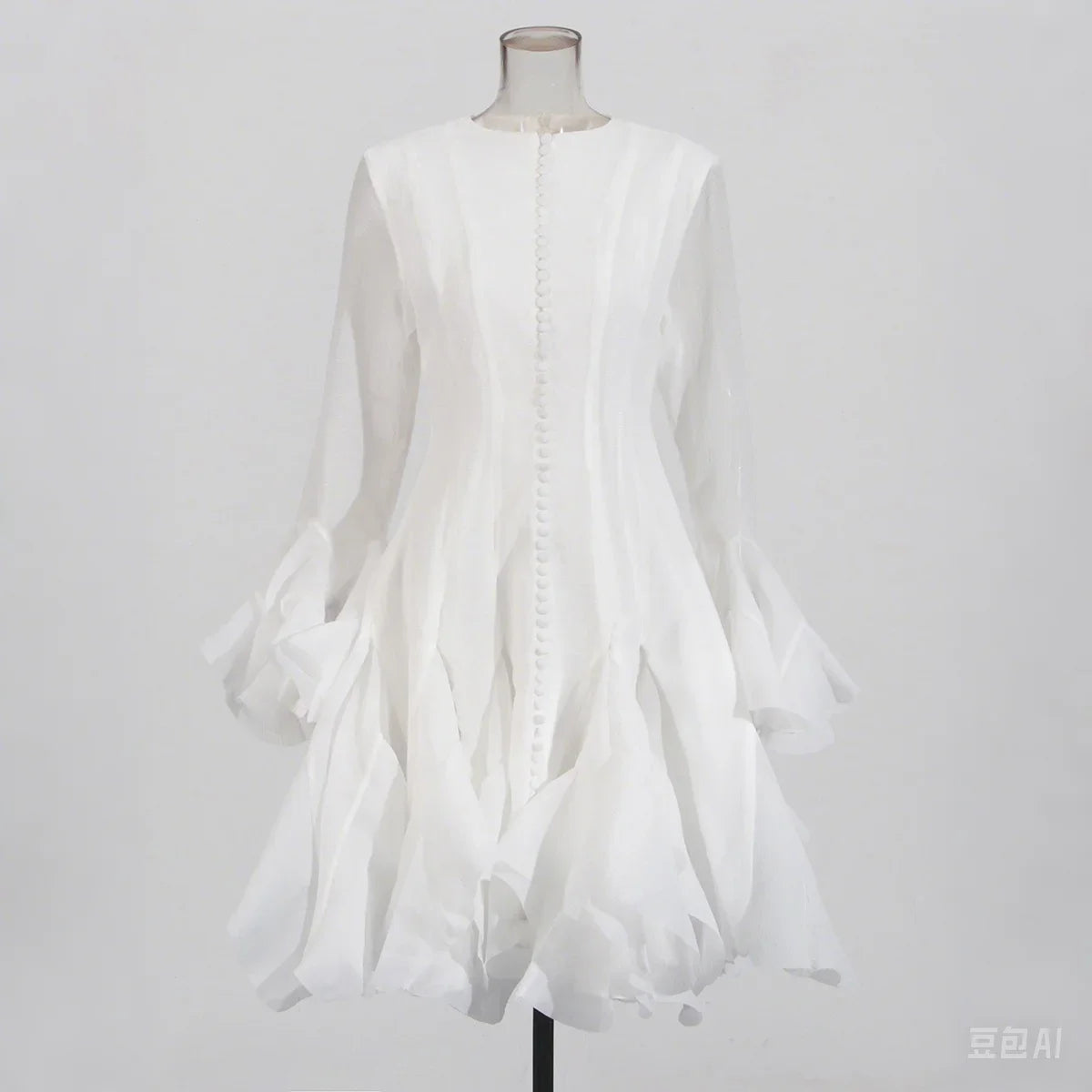 VGH Sweet Ruffles Elegant Knee Length Dresses for Women Round Neck Flare Sleeve High Waist Spliced Button  A Line Dress Female