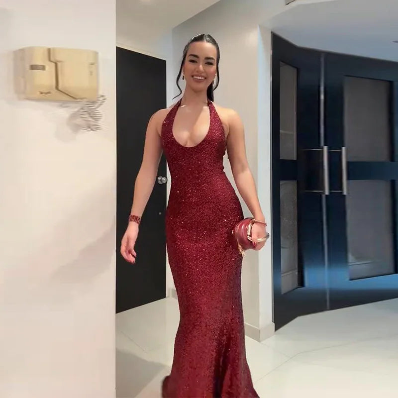 Sexy Shiny Sequined Mesh Club Evening Party Dresses Women 2026 Summer Autumn Sleeveless Backless Bodycon Maxi Long Dress