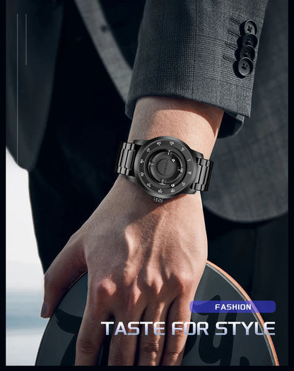 FOXBOX Personalized Mens Watches Creative Simple Floating Magnetic Pointer Quartz Wristwatch Steel Waterproof Watch for Man