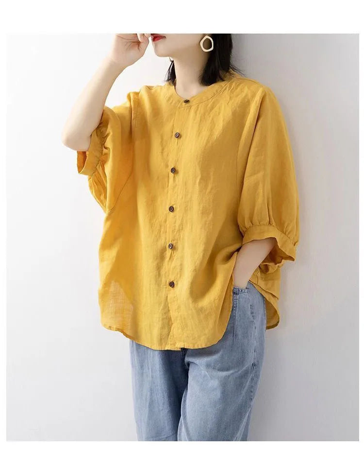 Cotton and linen shirt women's spring and summer thin solid color lantern sleeve stand collar top loose large size shirt