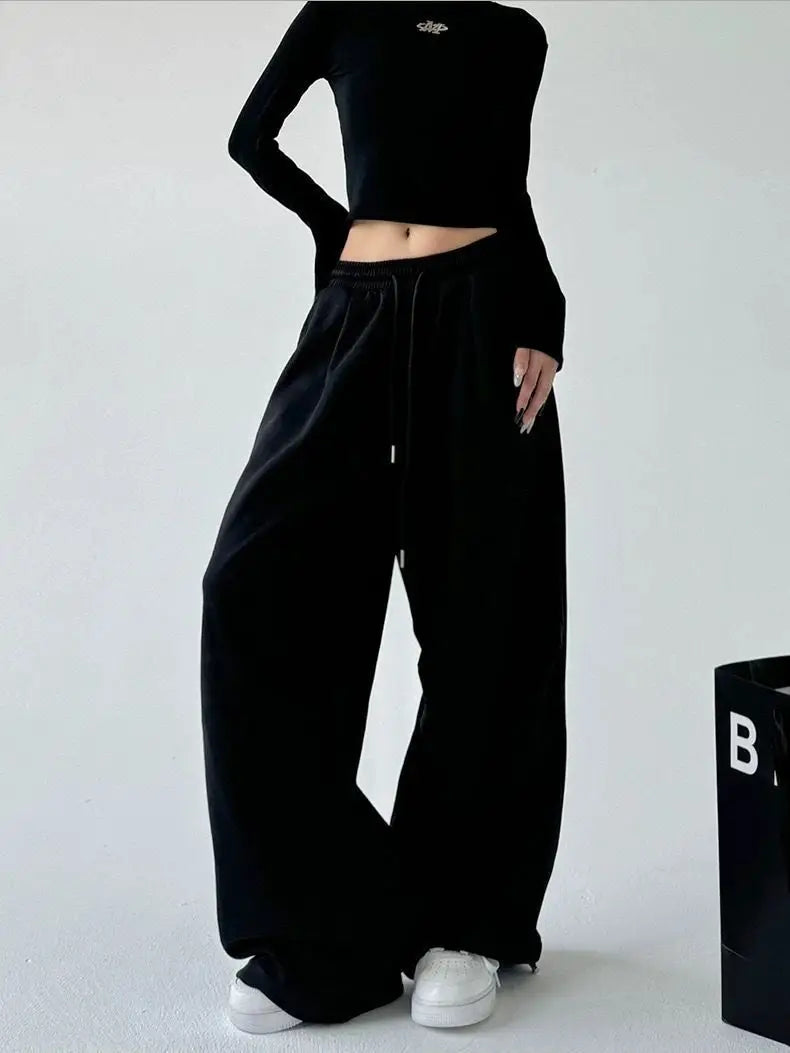 2025 New Harajuku Wide Leg Sweatpants Women Streetwear Baggy Oversize Gray Sports Pants Woman Drawstring Casual Joggers Trousers