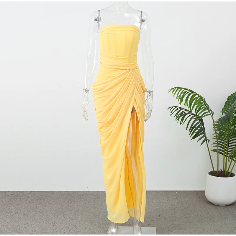 Lady Sexy Strapless Split Solid Pleated Dress Women Chic Backless High Waist Off-shoulder Dresses 2026 New Evening Party Gowns
