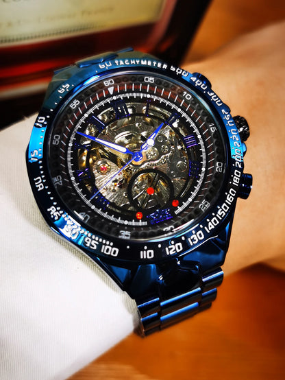 WINNER Gold Transparent Skeleton Automatic Watch for Men Luminous Pointers Luxury Brand Stainless Steel Strap Mechanical Watches