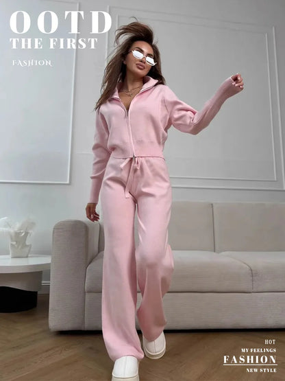 Blubelle Women's New Autumn Winter Zip Up Knit Set Trendy Slim Fit Cardigan Pants Chic Commuting Sweater Outfit