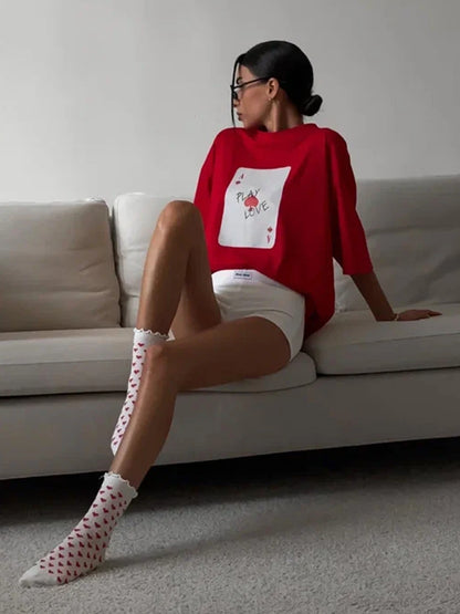 Bornladies 100% Cotton Poker Card Printed T-Shirt Women's Fashionable O-Neck Loose Short Sleeved Female Summer New Casual Top