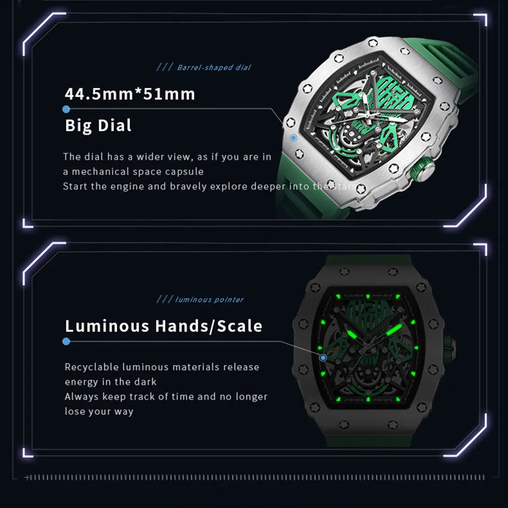 RUIMAS Tonneau Dial Automatic Movement Watches for Men Fashion Sport Mechanical Wristwatch Waterproof Clock Reloj Hombre 341