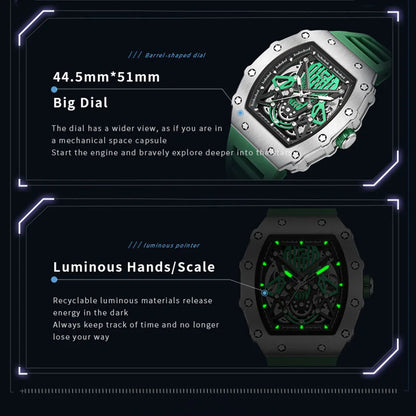 RUIMAS Tonneau Dial Automatic Movement Watches for Men Fashion Sport Mechanical Wristwatch Waterproof Clock Reloj Hombre 341