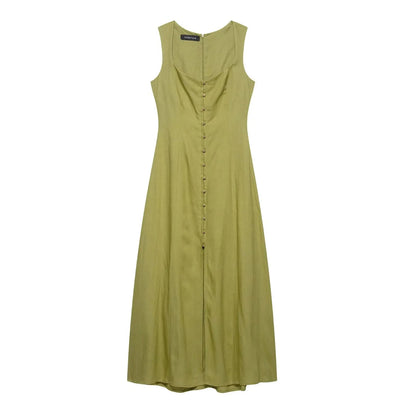 2025 Summer Elegant Dress Women Fashion Solid Square Collar Sleeveless Single Breasted Dress Ladies Vacation Green Spilt Dresses