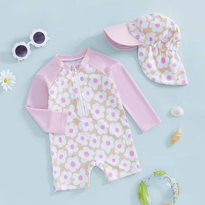 Citgeett Summer Kids Toddler Girl Long Sleeve Swimsuit Floral Flamingo Print Half Zipper Swimwear Romper Clothes