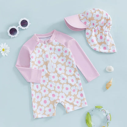 Citgeett Summer Kids Toddler Girl Long Sleeve Swimsuit Floral Flamingo Print Half Zipper Swimwear Romper Clothes