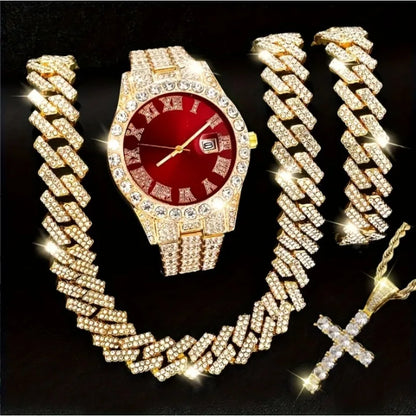 3/4PCS Hip Hop Iced Out Men's Watch Jewelry Set Luxury Rhinestone Quartz Wristwatch Cuban Link Chain Accessories（Without Box）